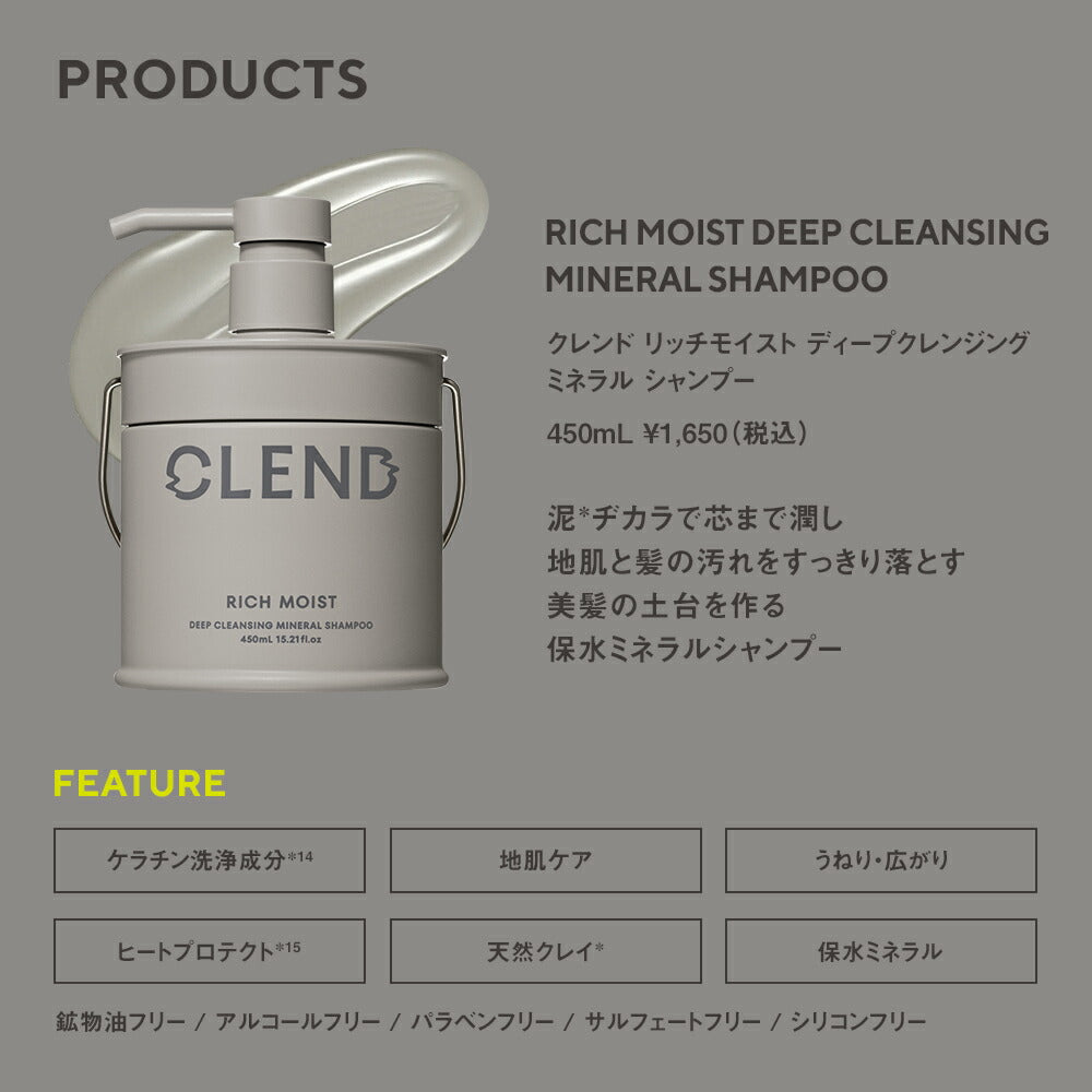 ヘアマスク|CLENDクレンドリッチモイストインテンシブリペアミネラル|ヘアトリートメント集中補修クレイケラチン保水ダメージ補修広がりうねり200g