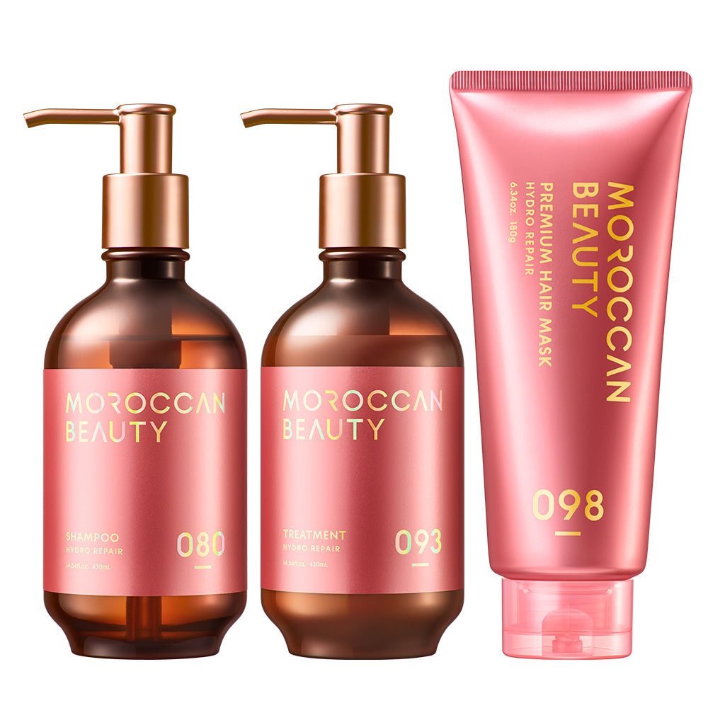 【ヘアケア3点セット（シャンプー・トリートメント・ヘアオイル・ヘアミルク・ヘアマスク）】 MOROCCAN BEAUTY モロッカンビューティ ディープモイスト ハイドロリペア｜アルガンオイル 艶髪 ダメージ補修 広がり うねり ゴワつき パサつき 保湿 熱 紫外線 カラー